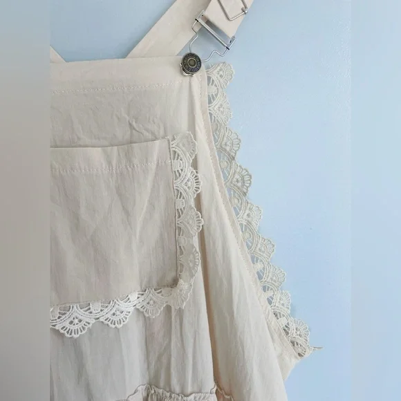 Prairie Cottagecore Tiered Overall Dress Beige Lace Trim Adjustable Straps M/L - Picture 6 of 8